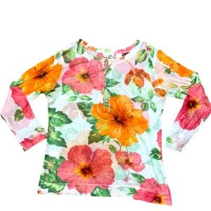 Tommy Bahama Bright Hibiscus 100% Silk Mesh Long Sleeve Top Women Size Large